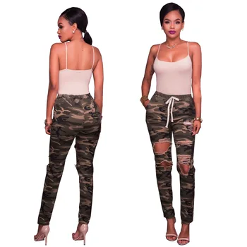

New hot fashion camouflage women's jeans army green casual women's trousers Slim hole high waist women's jeans