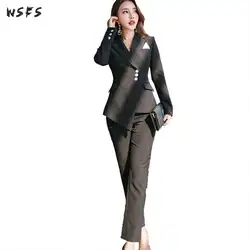 Комплект из 2 предметов осень бизнес женские повязки однобортный черная костюмная куртка Элегантные длинные брюки для девочек Корейский
