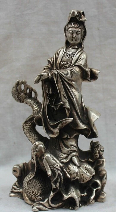 

7" China Chinese Buddhism Silver Kwan- Yin Guan Yin Ride Dragon Goddess Statue