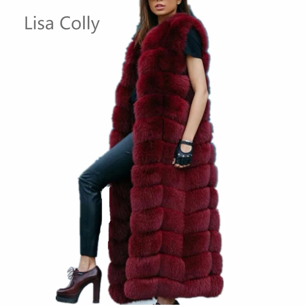 

Lisa Colly Fashion Winter Super Long Fur Vest Women Luxury Faux Fox Fur Vest Furry Slim Woman Fake Fur Coat Jacket Long Outwear