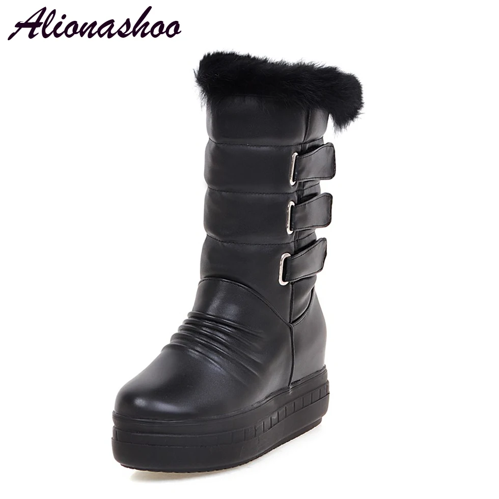 

Alionashoo new snow boots women warm pu leather shoes waterproof boots fur platform mid calf boots black zapatos mujer tacon