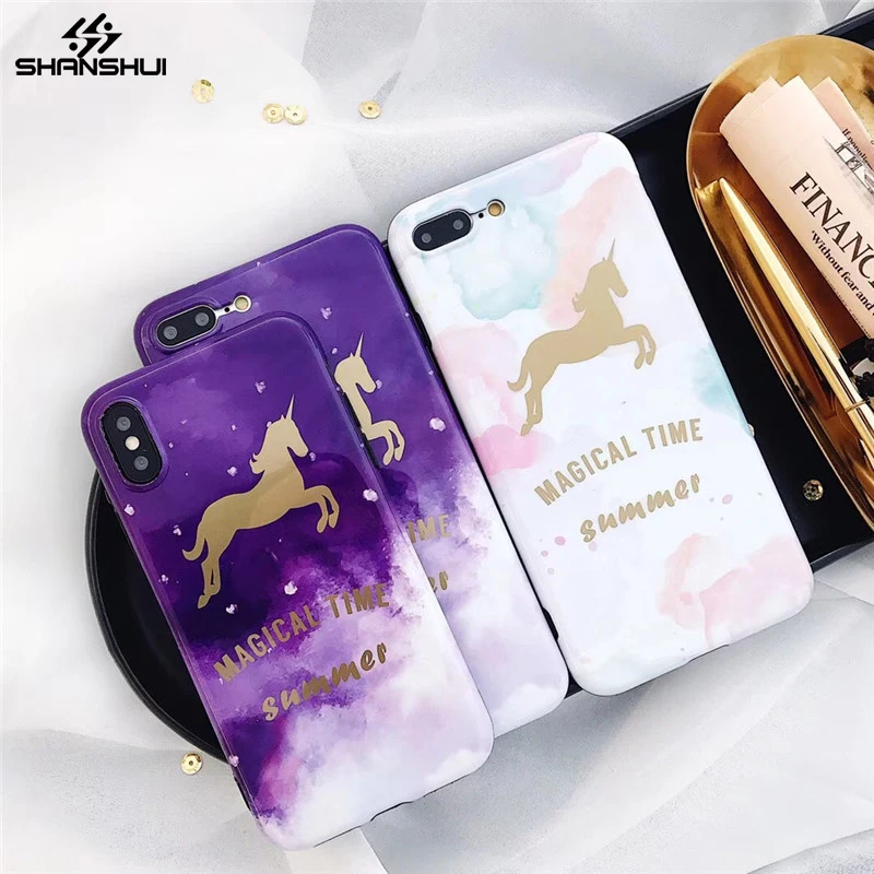 Unicorn Plated Glossy Phone Case For Apple iphone 7 8 X 6 Plus Soft Smooth Patterned Rendering Plastic Black Edge Cover Coque |