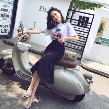 

Temperament Women Sets Clothes O-neck Print Short Sleeves Tops Mid-calf Black Skirts Casual Women Skirt Set Brief Women's Sets