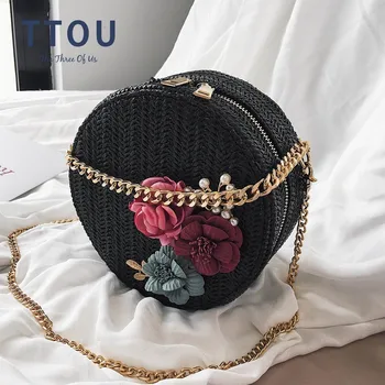 

TTOU Summer Women Circle Handwoven Round Rattan Straw Beach Bag Female Floral Sweet Style Shoulder Bag Ladies Chain Handbag
