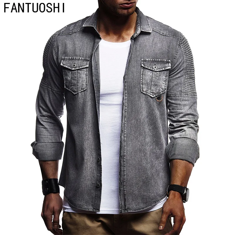 

Denim Shirt 2018 Autumn New Men Cotton fashion Slim Shirt Long Sleeve casual Cowboy shirt High Quality Single-breasted Gray 3XL