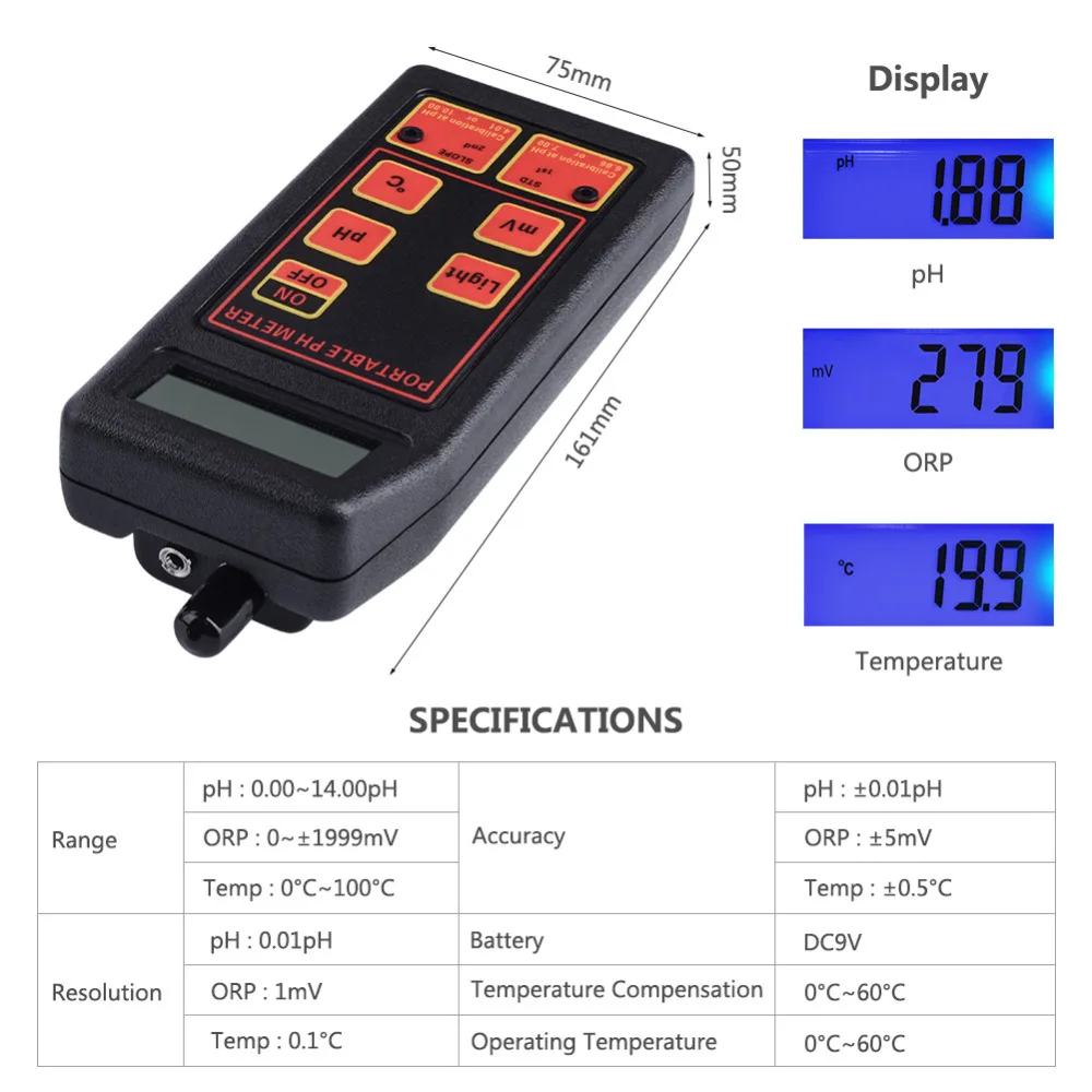 Hot Portable 3-in-1 High-precision Water Tester PH / MV / Thermometer + Replaceable PH and ORP Elec