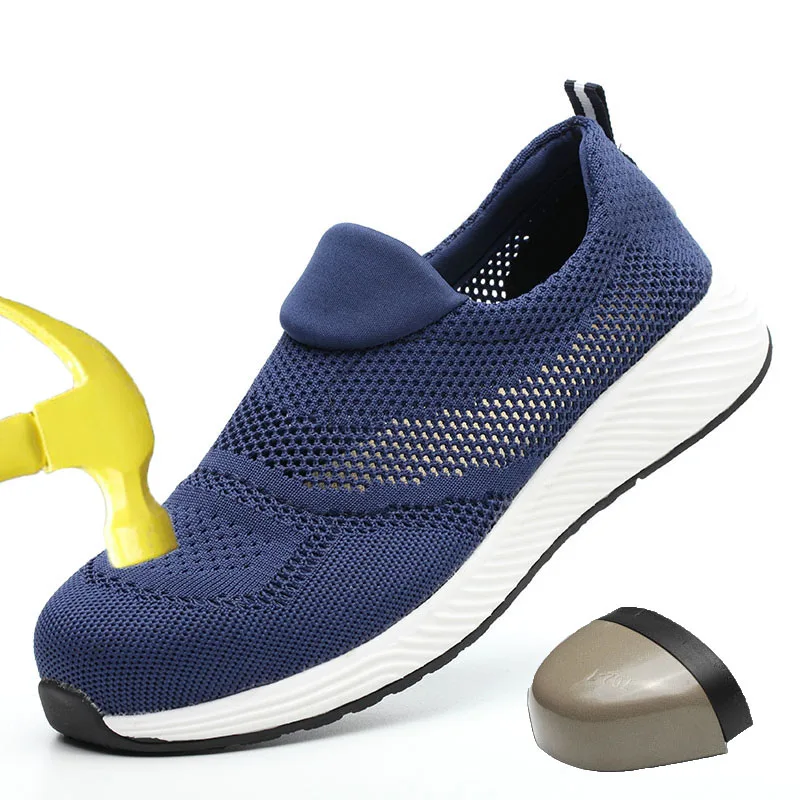 Дышащие рабочие ботинки; женская обувь со стальным носком; устойчивая защитная обувь; маслостойкая, кислота, щелочь; Мужская защитная обувь - Цвет: blue
