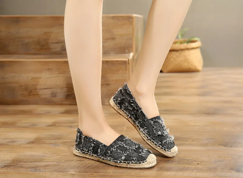 Retro Ladies Womens Casual Espadrilles Shoes for Female Straw Flat Canvas Fisherman's Hemp Rope Bottom Women's Shoes White Black (9)