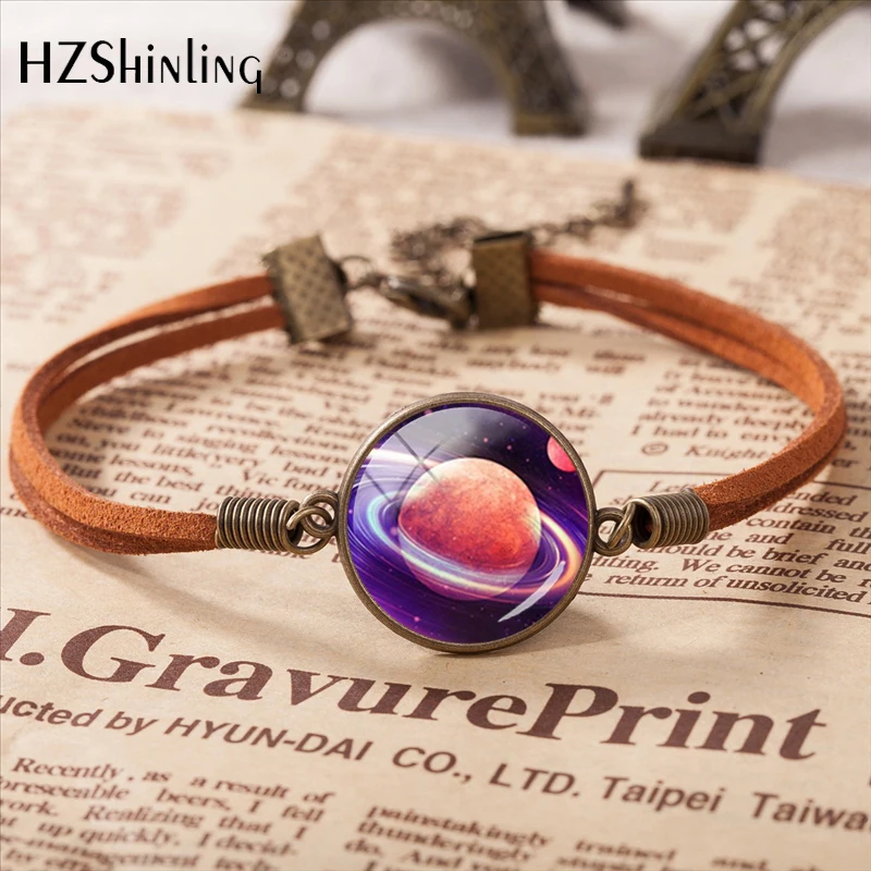 

Hot Fashion Galactic Planet Pendant Leather Bracelet Moon Galaxy Jewelry Girls Glass Cabochon Bracelet Gift