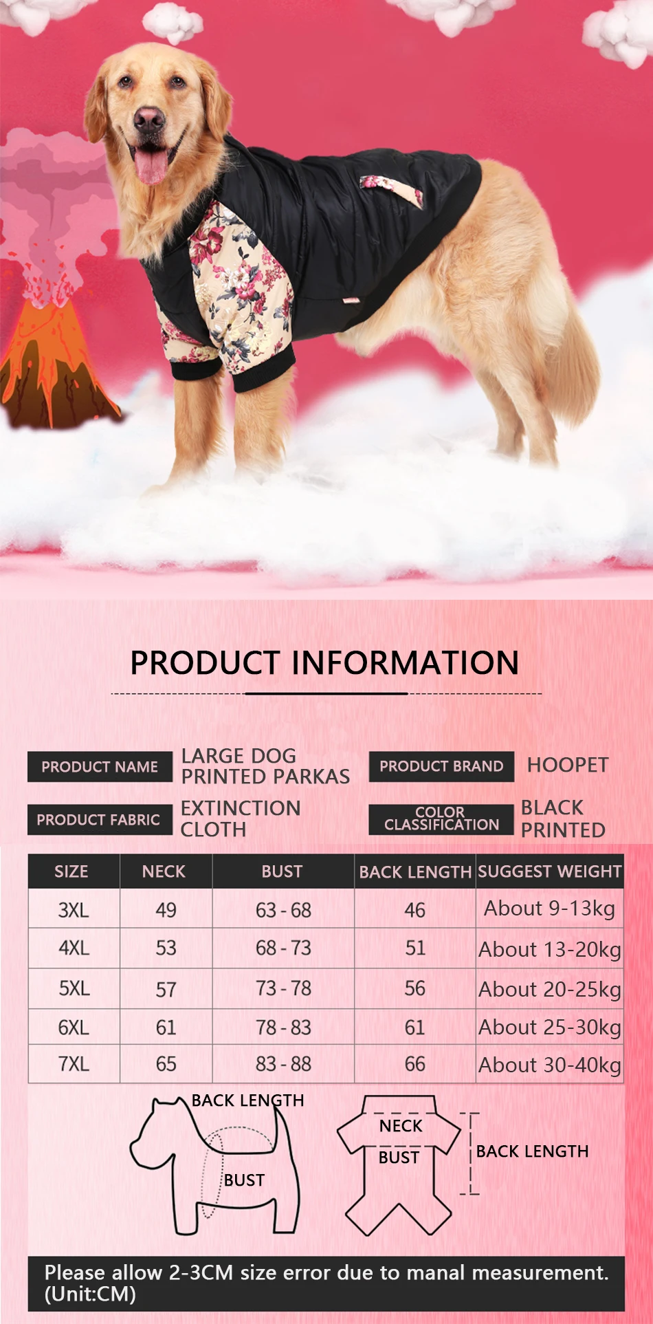 Hoopet Large Dog Clothes Parkas Cotton Padded Floral Printed Sleeves Jumpsuit Dog Winter Golden Retriever Winter Coats 3XL-7XL