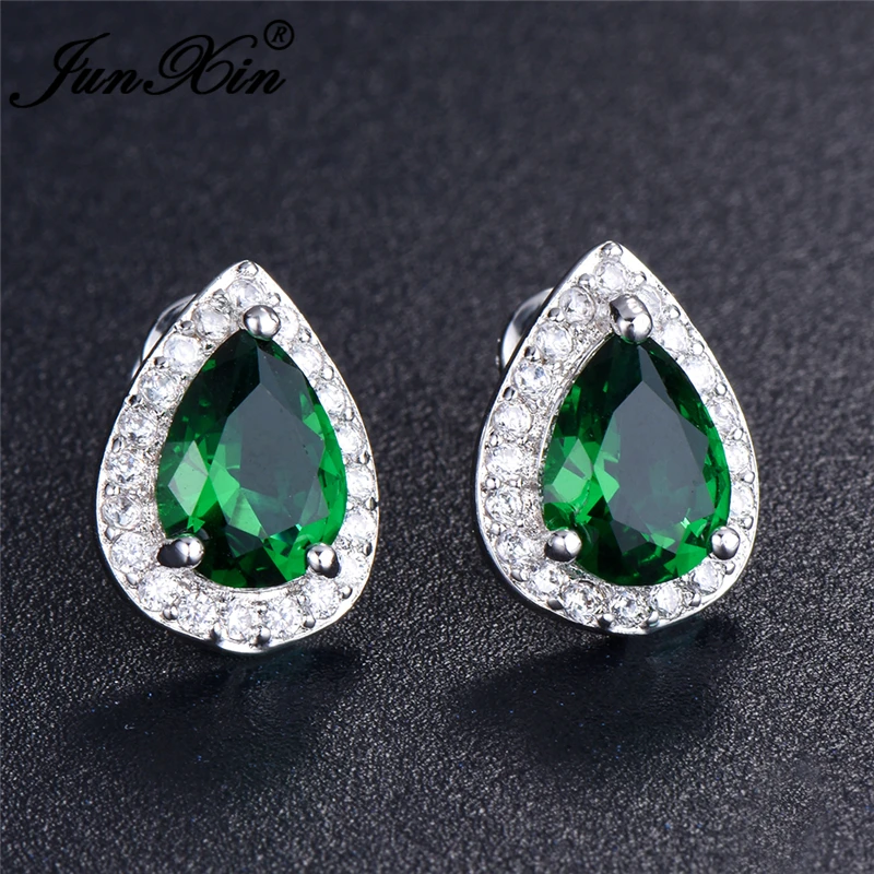 JUNXIN Boho, Зеленые капли слез из камня, свадебные серьги для женщин, 925 пробы, заполненные серебром, капля воды, циркон, камень, груша, серьги