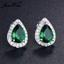 JUNXIN Boho, Зеленые капли слез из камня, свадебные серьги для женщин, 925 пробы, заполненные серебром, капля воды, циркон, камень, груша, серьги