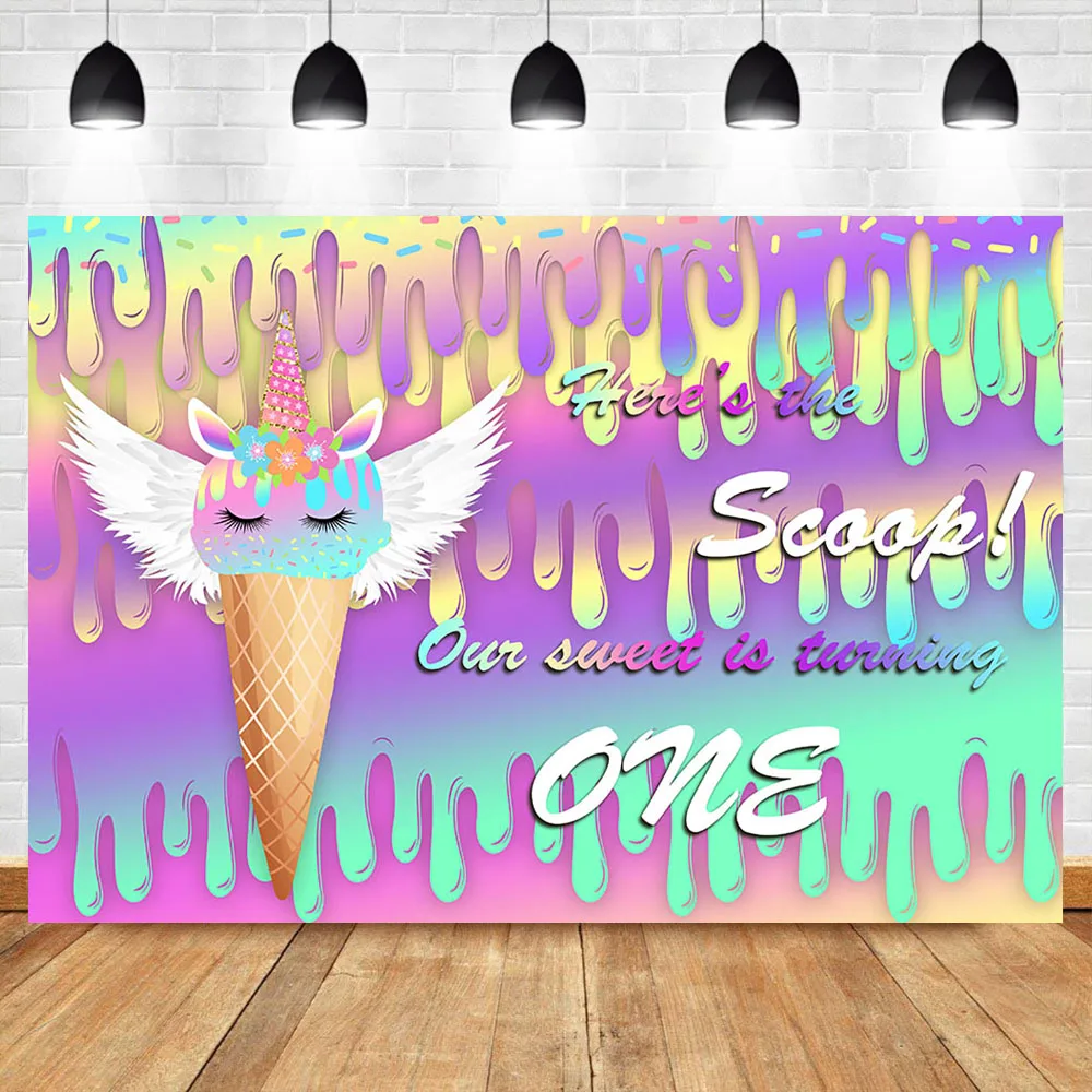 

Neoback Unicorn Ice Cream Backdrop Sweet Baby Girl 1th Birthday Party Banner Photography Background Dessert Table Decorate Props