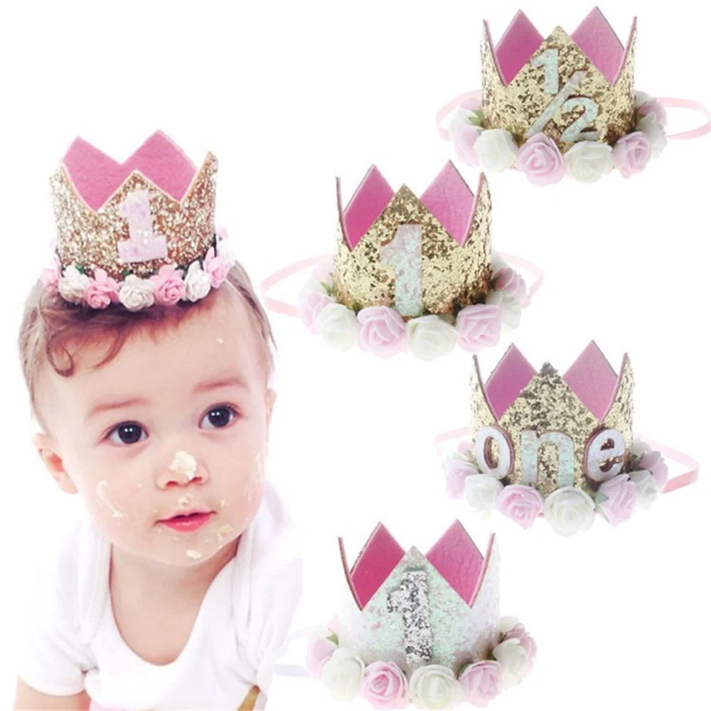 

Retail Glitter Birthday Crown Matching Foam Flower Headband Princess Pink Hat Baby Hair Accessory Kidocheese