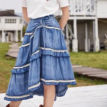ARTKA, летняя новинка, Женская винтажная юбка из хлопка, большая юбка-пачка, кружевная, вареная, джинсовая, с завязками, юбка с неровным подолом, QN10382X