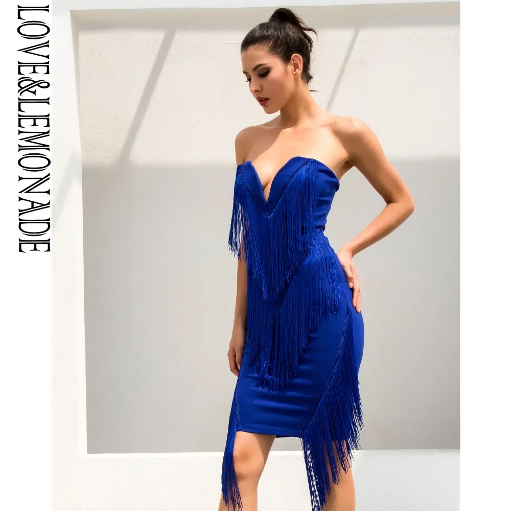 LOVE & LEMONADE Blue V Neck Trim Decorated Slim Party Dress LM0825