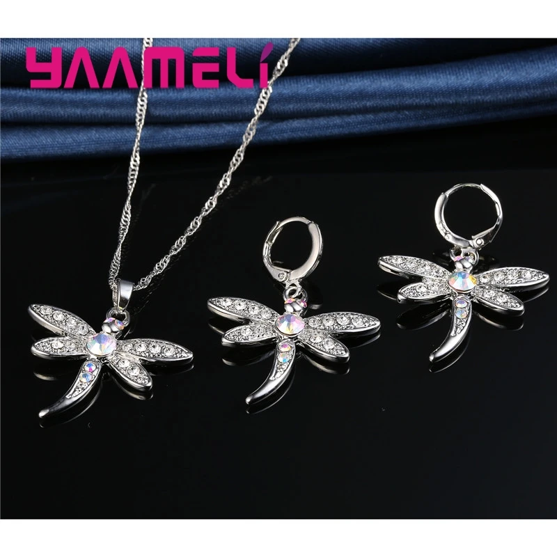 Women's Glitter Colored Cubic Zirconia Necklace And Earrings Set Dragonfly Design 925 Sterling Silver Color Jewelry for Girls 3