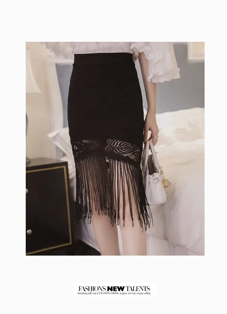 Tingyili черный, белый цвет Кружево бахрома юбка летние элегантные женские офисные Bodycon Юбки для женщин женские пикантные длинные юбка-карандаш