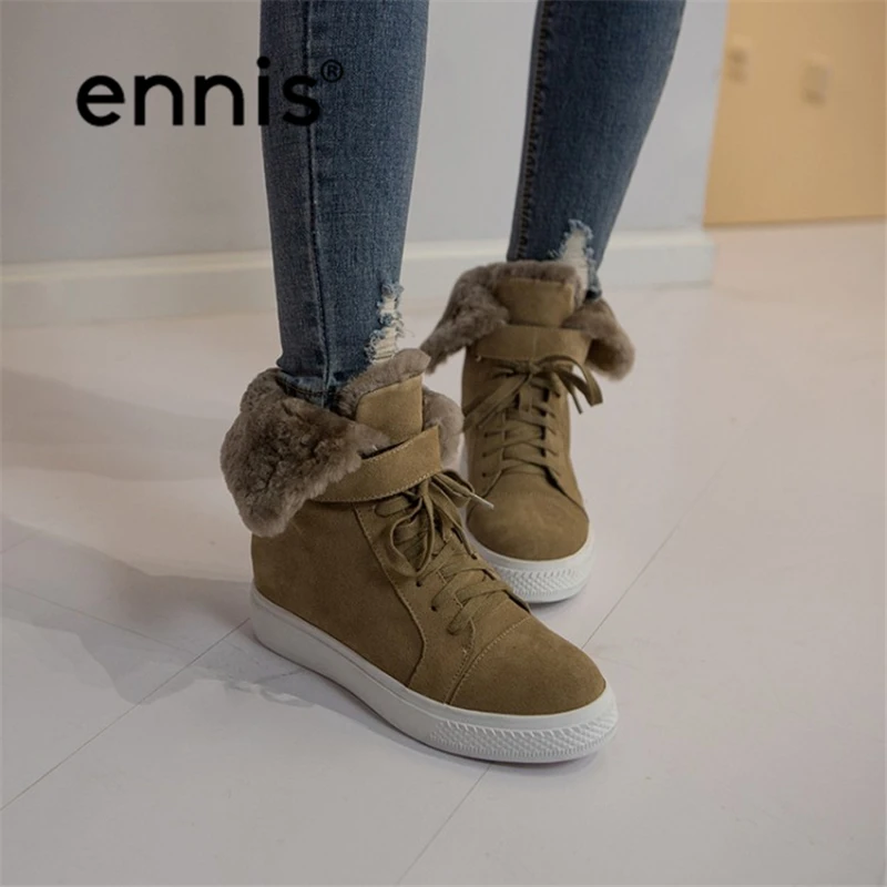 ENNIS/ г., Дамская зимняя обувь замшевые ботильоны на платформе с поперечными ремешками и натуральным овечьим мехом Новые дизайнерские женские зимние ботинки, A7226