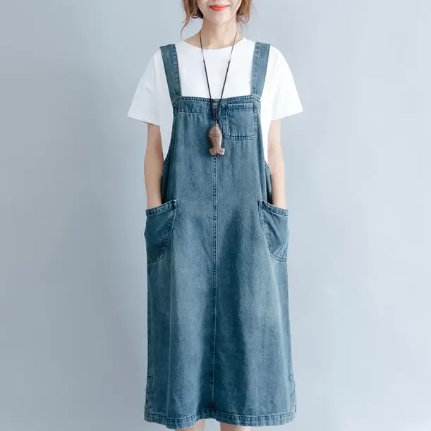 

Plus Size Women Jean Dress New Literary Loose Square Collar Spaghetti Strap A-line Denim Dress
