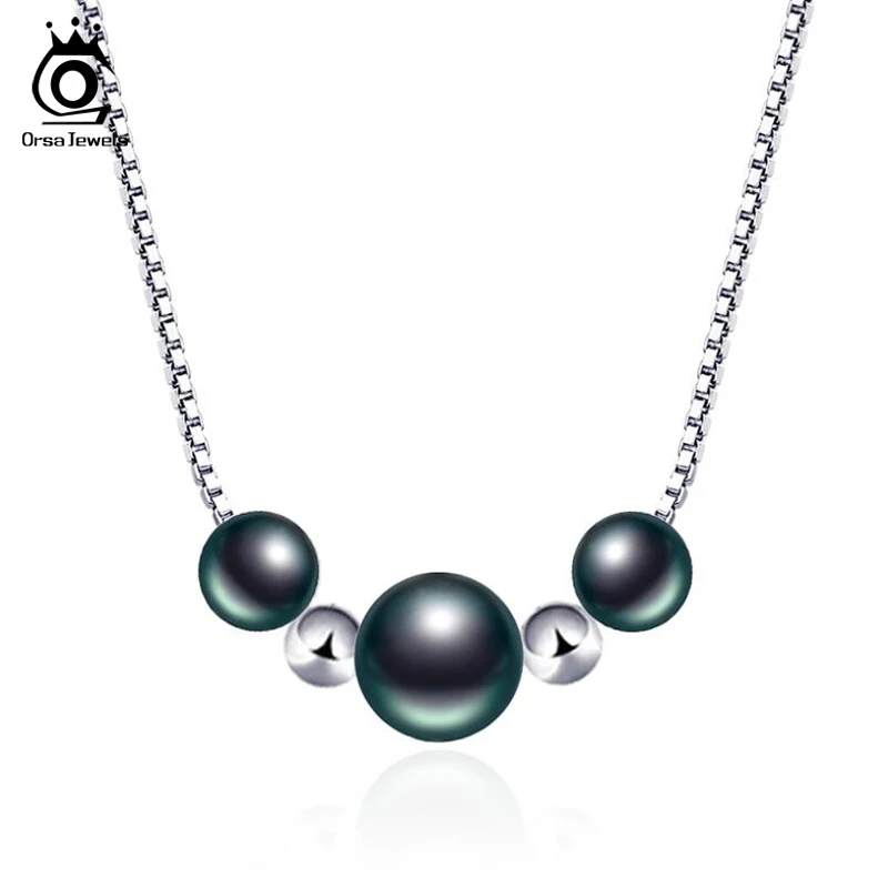 ORSA JEWELS серебряное ожерелье с подвеской 925, высокое качество, жемчужные подвески в виде ракушки, круглое черно-белое жемчужное ожерелье, ювелирные изделия для девушек OPSN25 - Цвет камня: Black Pearls