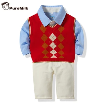 

PureMilk Kids Clothes Blue Shirt+ Red Knit Vest+ White Pants Casual Boys Clothing Set For Party And Wedding