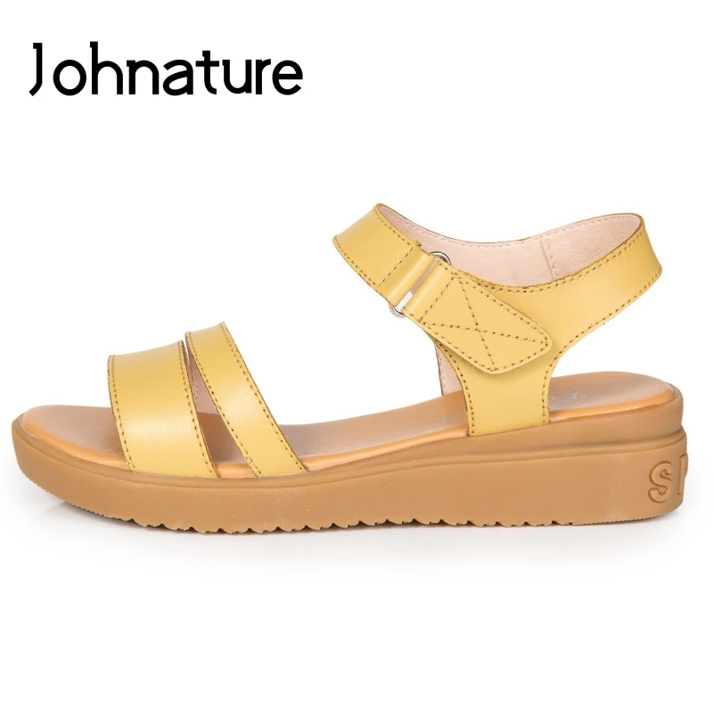 

Johnature 2019 New Summer Genuine Leather Casual Solid Hollow Breathable Med Heels Platform Sandals Women Wedges Casual Shoes