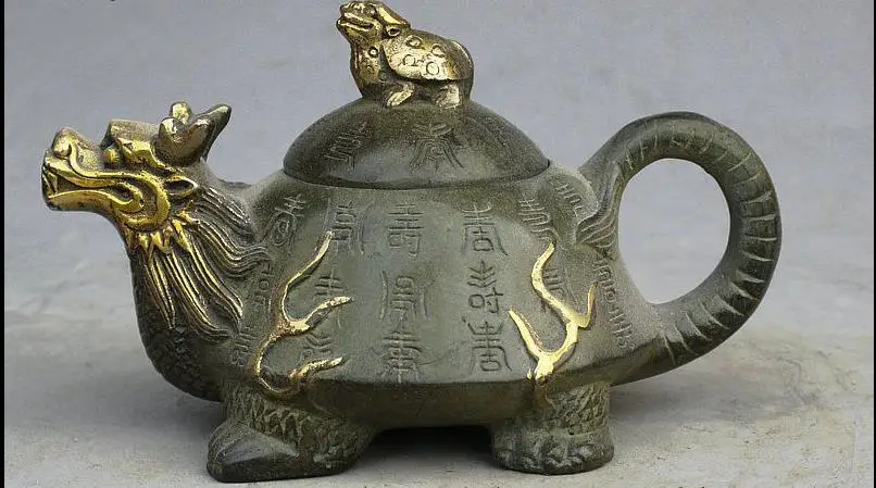 

2656<+5" Marked Folk China Bronze Gilt Dragon Turtle Tortoise Statue Teapots Wine Pot