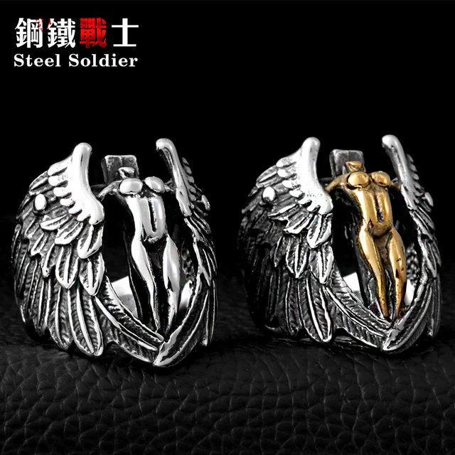 Steel soldier Stainless Steel Man's Jewelry Winged Feather Angle Ring Cool Vinta Steel soldier Stainless Steel Man's Jewelry Winged Feather Angle Ring Cool Vinta