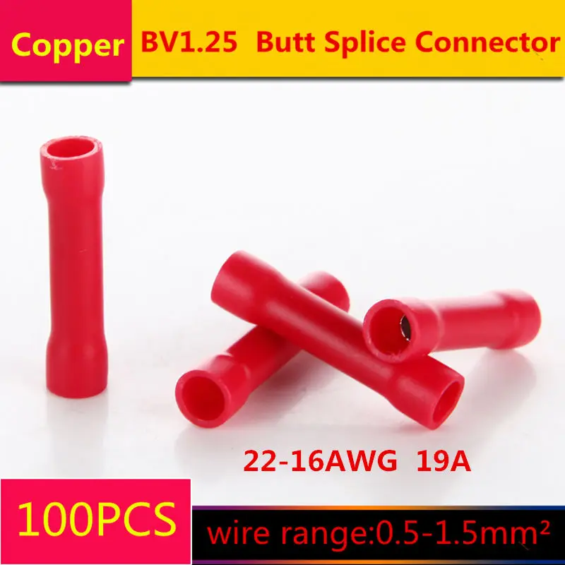 

100PCS/LOT T041 BV1.25 Red Butt Splice Connector Seam Type Cable Wire Joiner Insulation Crimp Terminal for 0.5-1.5mm2 22-16AWG