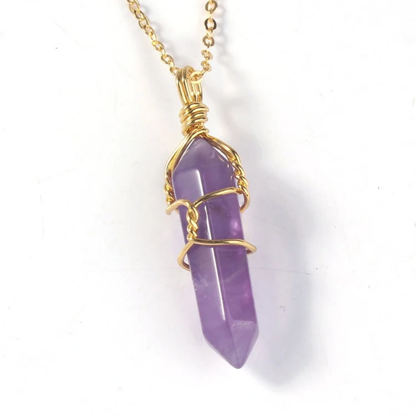 

Kraft-beads Light Yellow Gold Color Amethysts Rose Pink Quartz Hexagon Column Wire Wrap Pendant Necklace Opal Jewelry