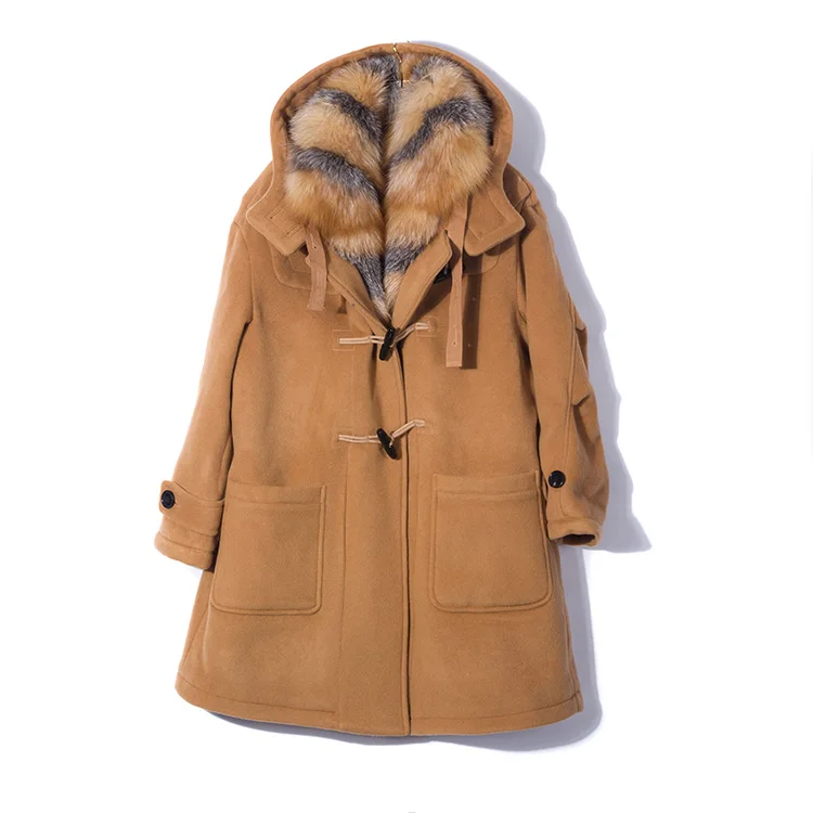 

rf0180 Big Fox Fur Cloak 100% Woolen Coat with Red Fox Fur duck down Super Warm wool coat