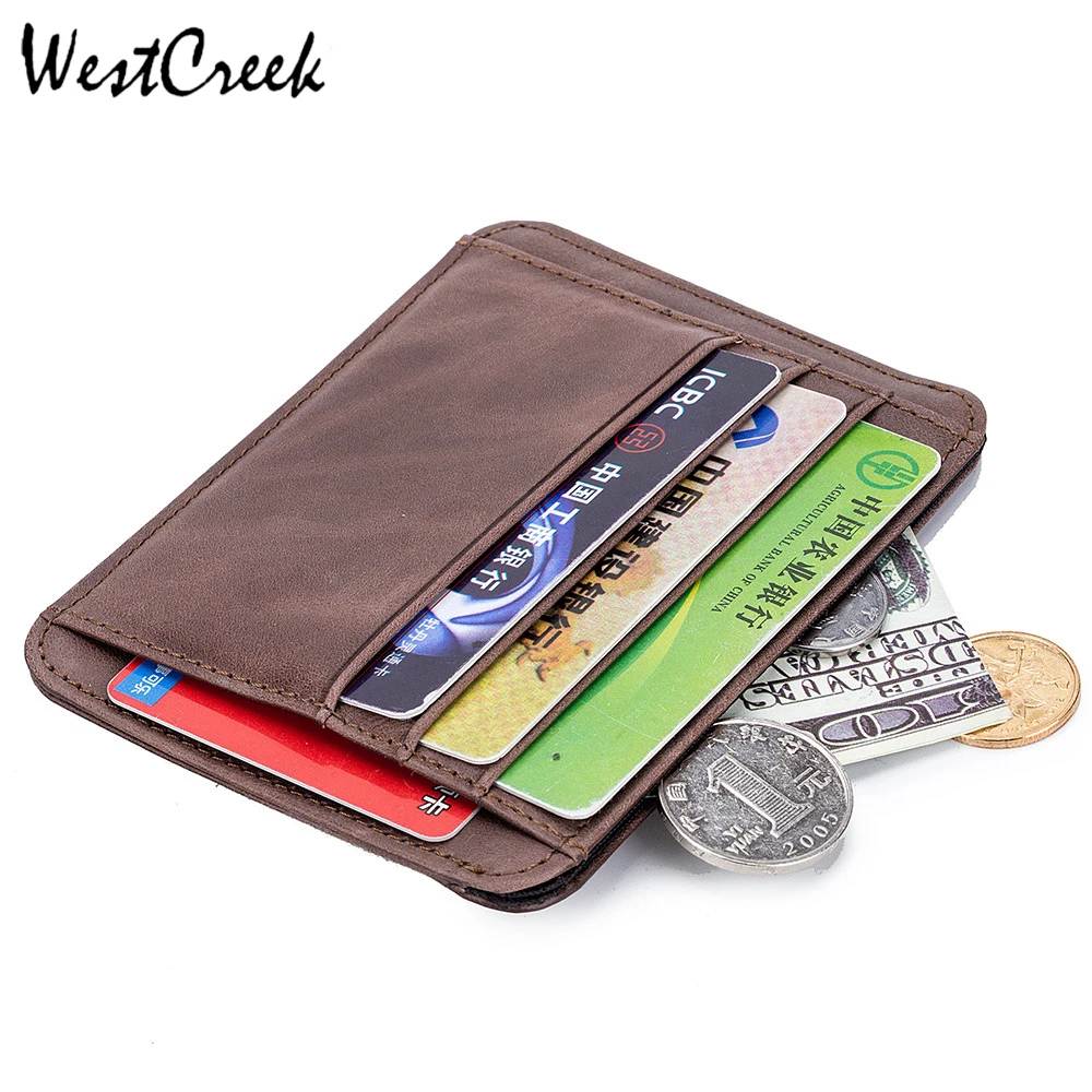 

Westcreek Brand Genuine Leather Men Thin Card Holder Oil Wax Leather Women Zipper Coin Pocket Small Minimalist Wallets