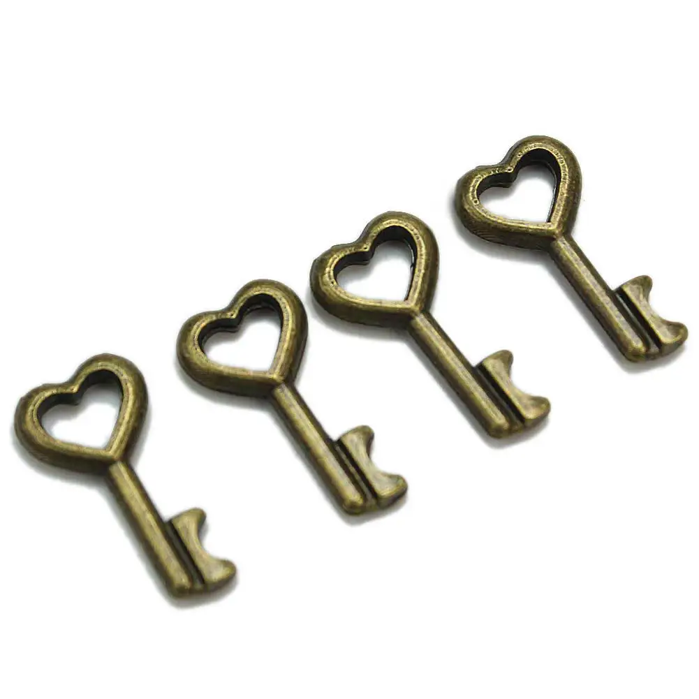50 Pcs 16x8mm DIY Key Love Heart Bronze Metal Alloy Pendant Jewelry Findings