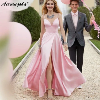 

Elegant Long Pink Prom Dresses 2019 Women Sexy High Slit Satin V-neck Evening Dress Backless Party Gowns Floor Length
