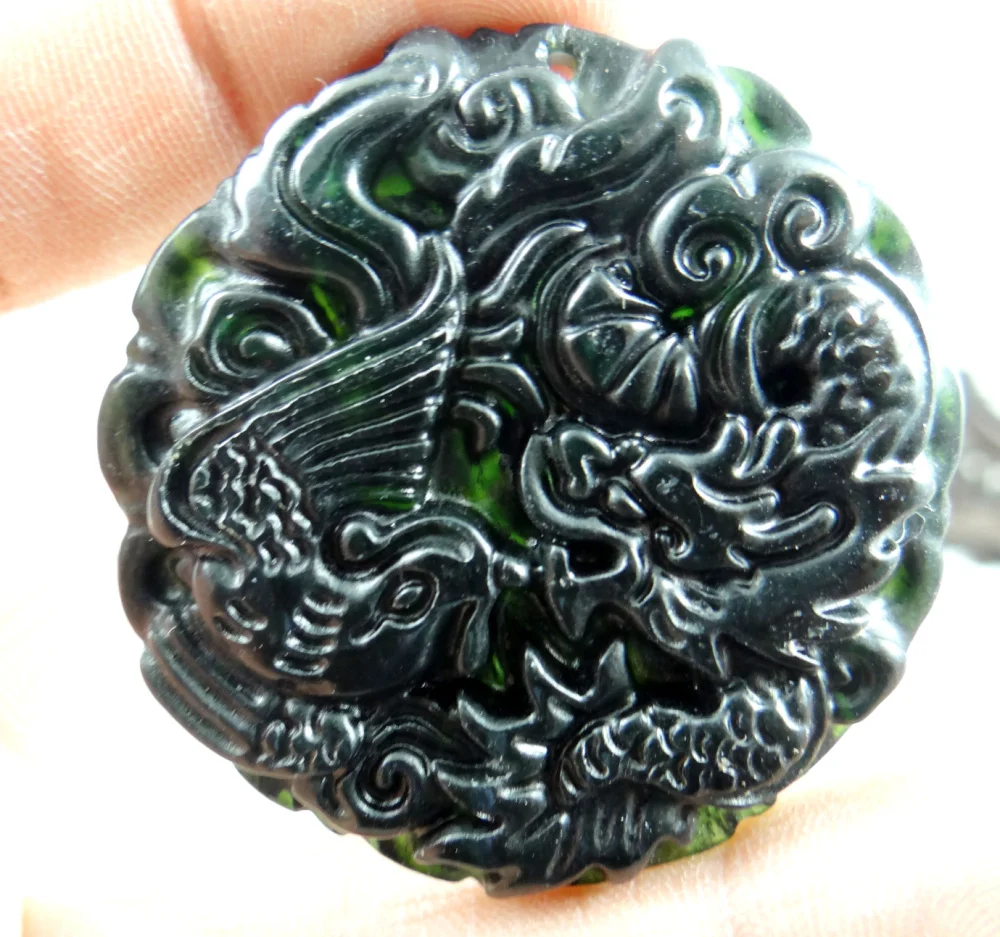 48*48 натуральный китайский черный зеленый камень ручной резная статуя дракона и феникса амулет кулон ожерелье ювелирных изделий