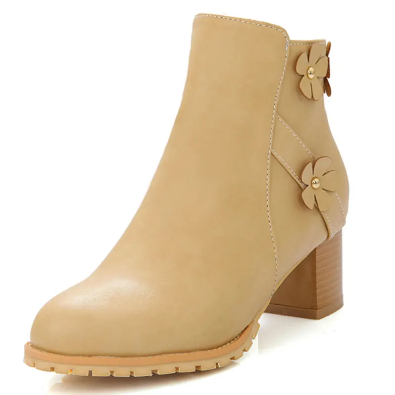 

NEW 2016 popular women autumn simple solid zip boots fashion dress med heel round toe elegant ankle boots special flower ZT644
