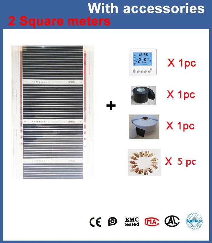 

2 square meters 50 cm*4 m infrared heating film with thermostat and clamps (clips) and insulating daub and black tap