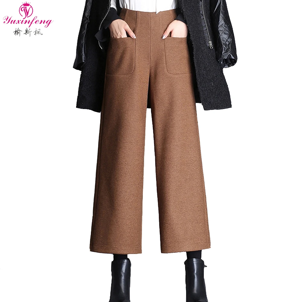 

Yuxinfeng 4XL Woolen Pants Wide Leg Women High Waist Pantacourt Femme Pockets Ankle-Length Pants Female Big Size Office Trousers