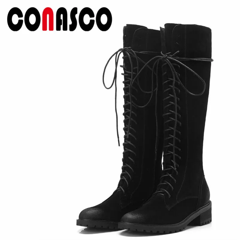 

CONASCO New Arrival Women Knee High Boots Autumn Winter Warm Cross-tied High Heels Shoes Woman Zipper Cow Suede Casual Shoes