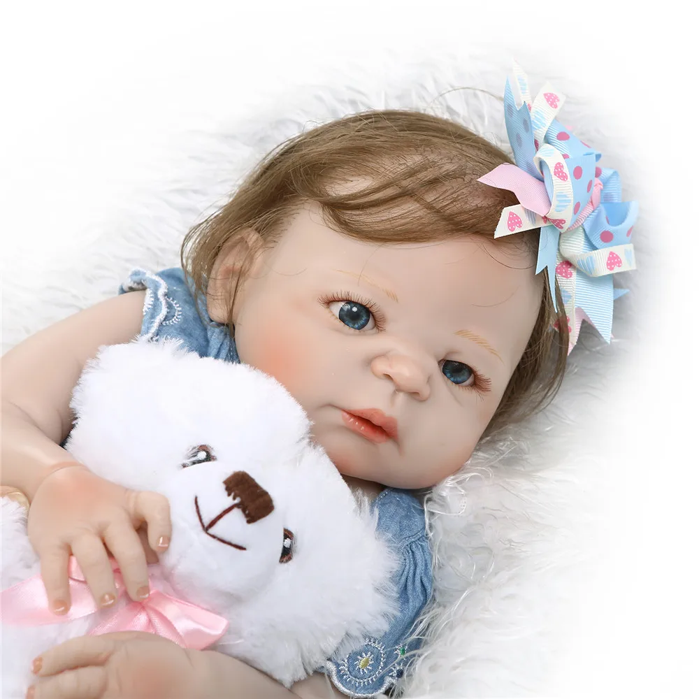 

Bebes reborn 23"NPK baby doll full silicone reborn baby dolls girl body with white bear plush doll rooted hair bonecas reborn