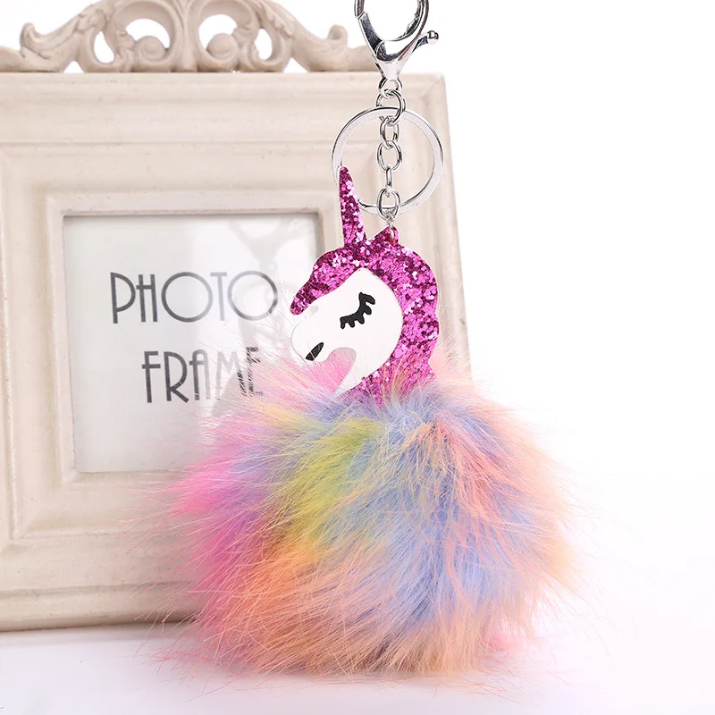 

Colorful Unicorn Keychain Hair Ball Pendant Imitation Fox Fur Pompom Unicorn Keyring Bag Charm Key Chain Jewelry 6C0092