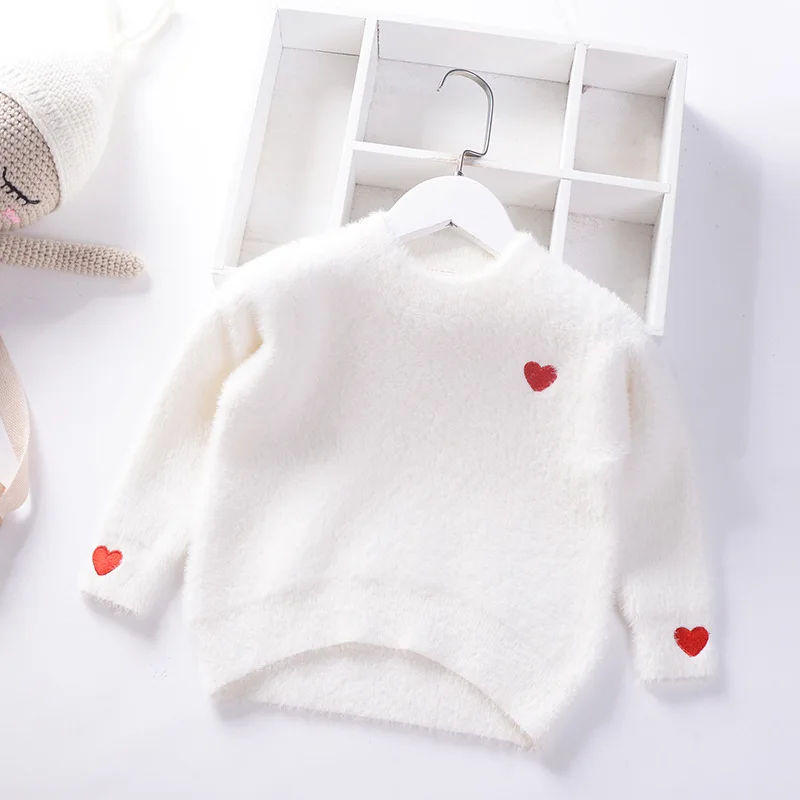 Г. Осенне-зимний свитер для девочек норковая бархатная пулловер для принцессы теплая трикотажная одежда с сердечками свободная одежда для маленьких детей От 2 до 8 лет - Цвет: Белый