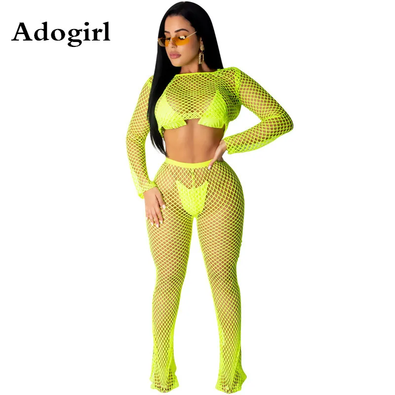 

Fluorescent Fishnet Two Piece Suit Summer Beach Gauze Grid See Though Long Sleeve Tee Top And Wide Pants Sexy Club Outfits
