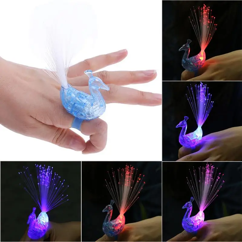 Peacock Shape Finger Light Colorful LED Light up Rings Kids Luminous Novelty Gag font b Toys