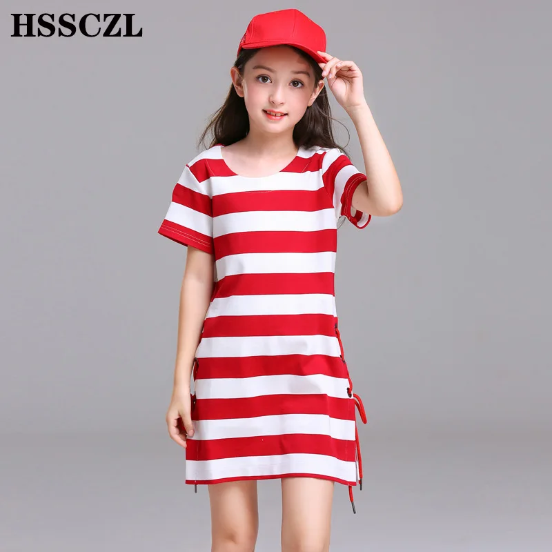 

HSSCZL 2019 brand New big Girls dress two-piece Striped knit dress set short-sleeve Blue and red stripes fashion summer