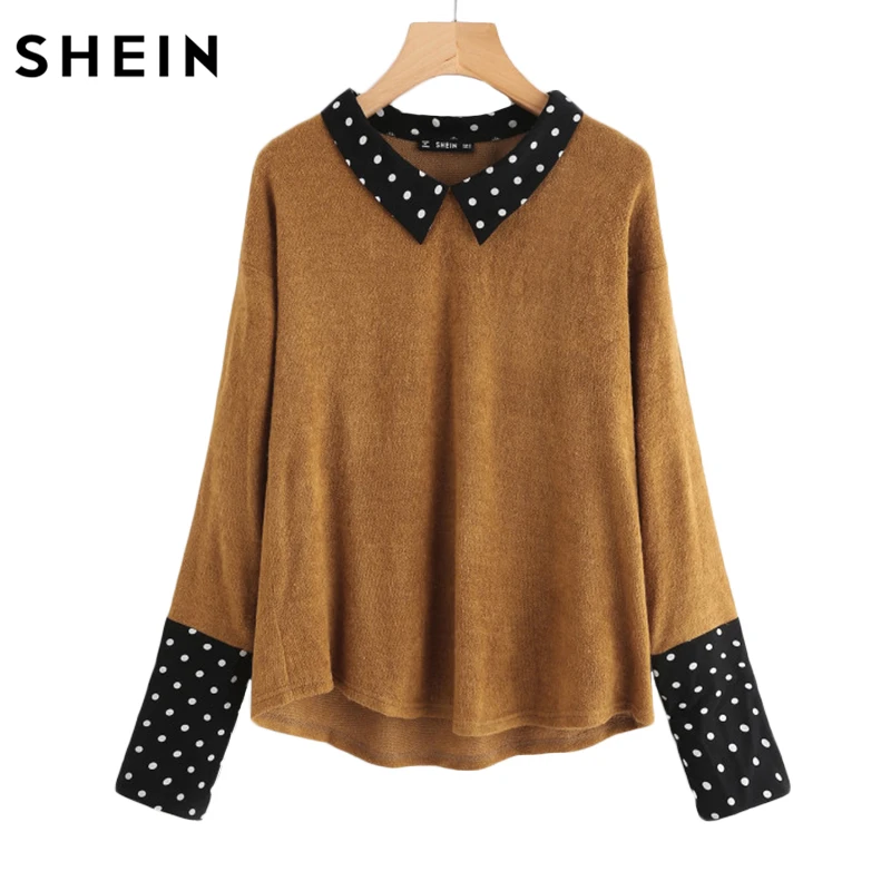 SHEIN Contrast Polka Dot Collar and Cuff Tee Brown Womens Long Sleeve Tops Autumn Lapel Color Block Casual T-shirt