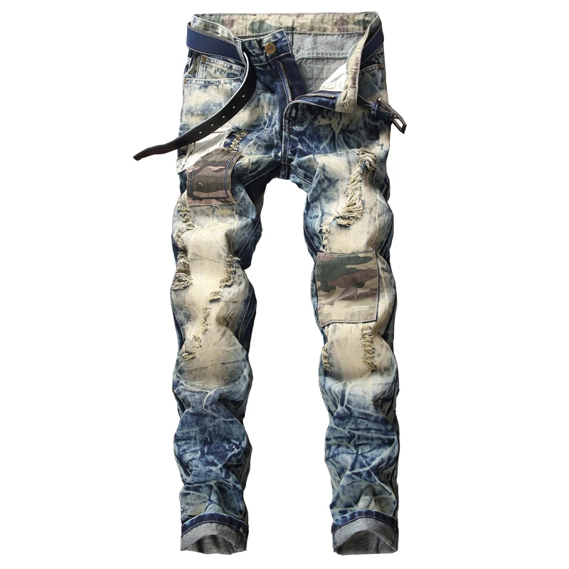 Брендовые дизайнерские мотоциклетные камуфляжные Лоскутные рваные джинсы брюки мужские байкерские джинсы из денима Мужские Винтажные синие хлопковые брюки