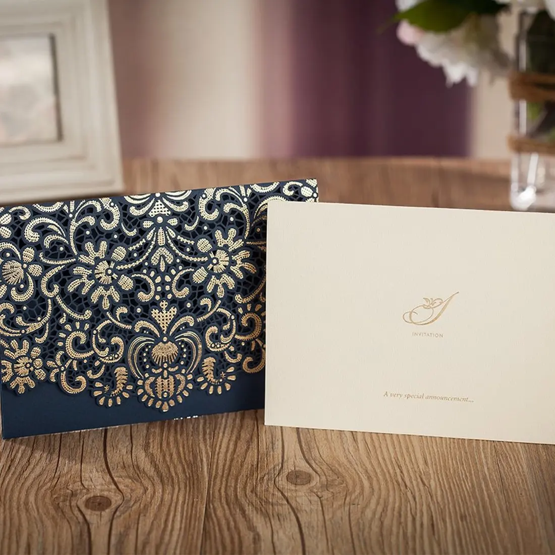  Gold Pattern Navy Blue Laser Cut Invitations Printable Invites with Envelopes for Anniversary Holid - 32992723321