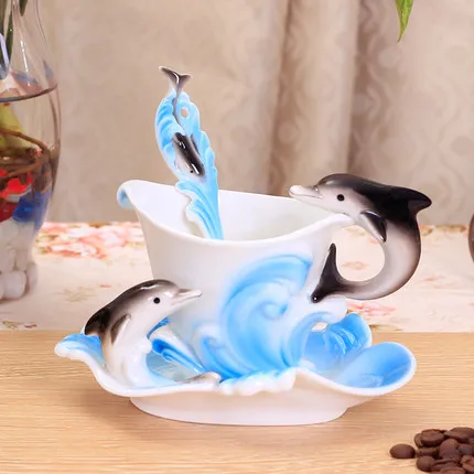 Elegant Ceramic Tea Cup Dolphin Porcelain Coffee Mug Set with Dish Spoon Gift 